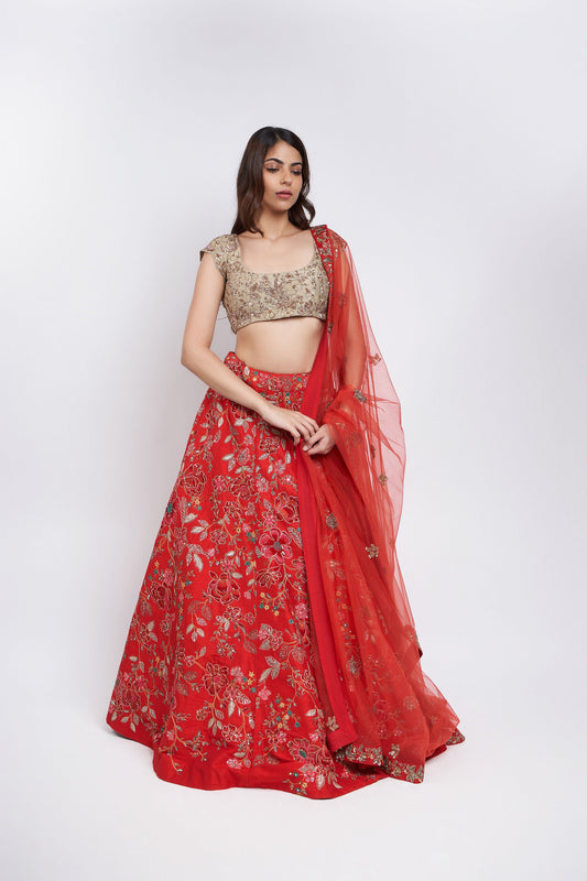 ORANGE RAW SILK LEHENGA SET