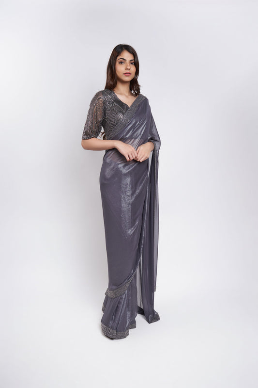 CHARCOAL GREY EMBELLISHED SHIMMER SAREE SET