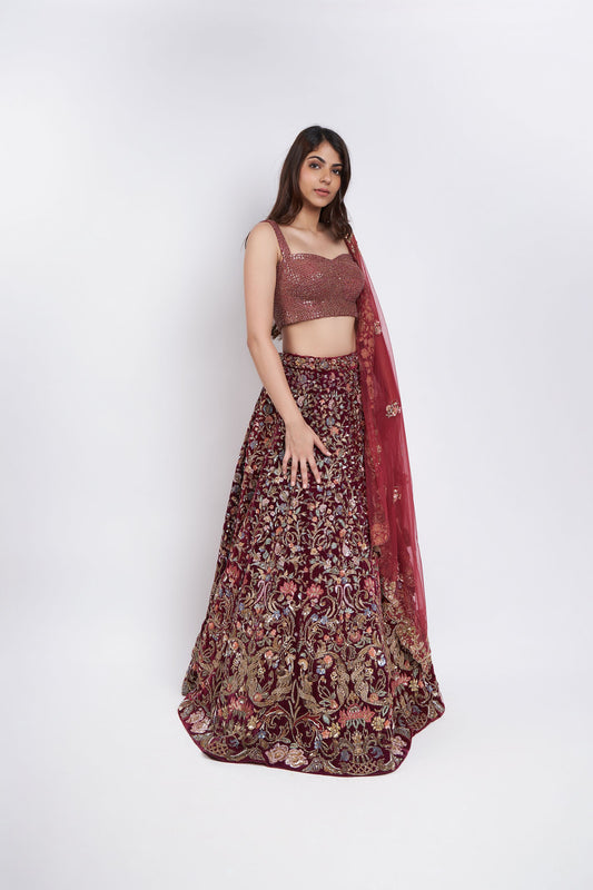 WINE SILK VELVET LEHENGA SET