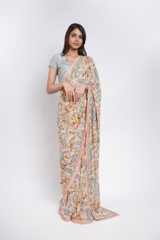 PEACH FLORAL PRINT SAREE SET