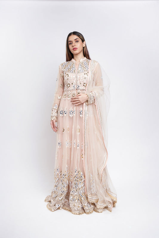 PEACH GEO-FLORAL FLARED SHERWANI SET