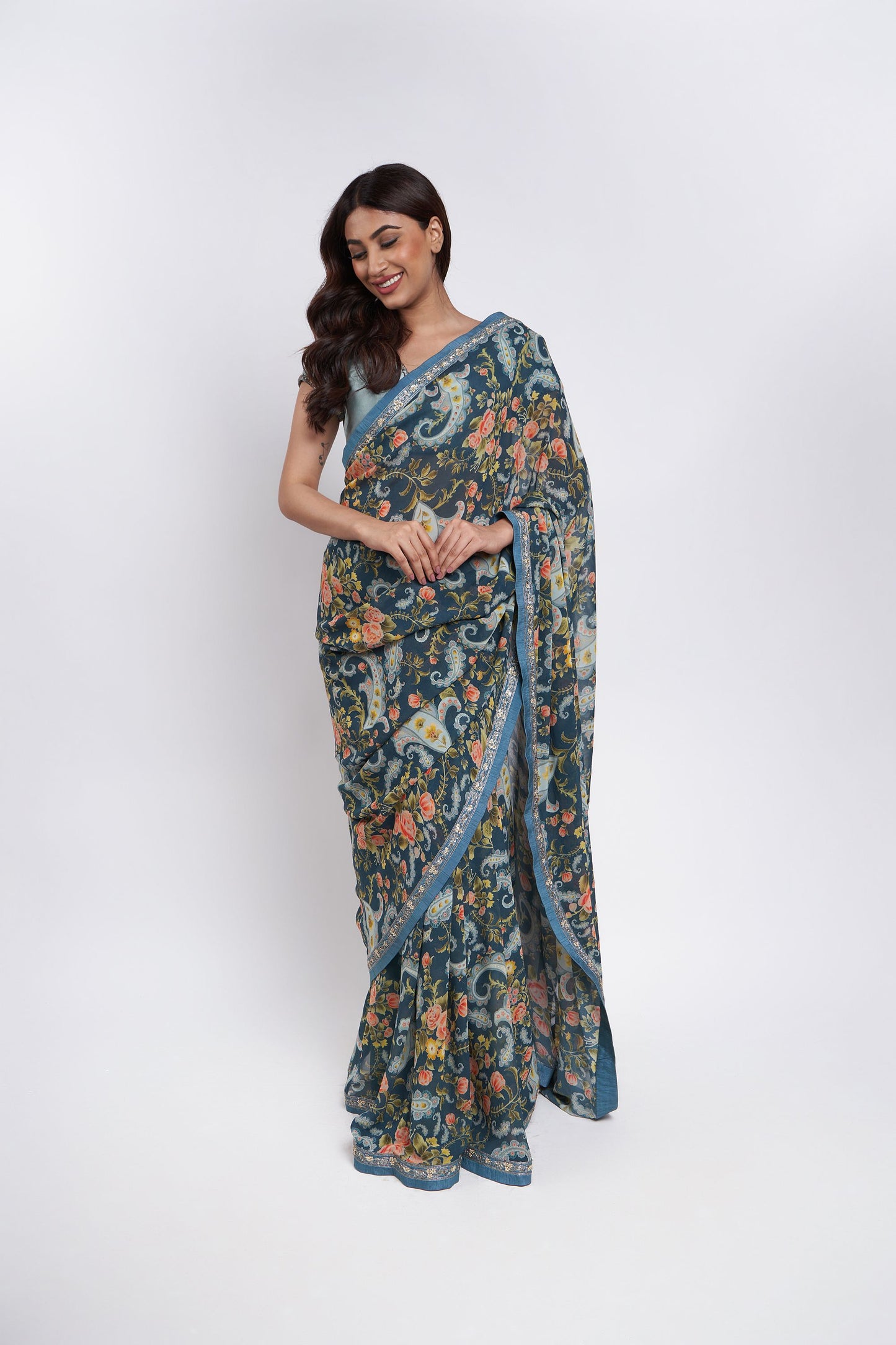 TURQUOISE BLUE FLORAL PRINT SAREE SET