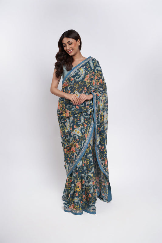 TURQUOISE BLUE FLORAL PRINT SAREE SET