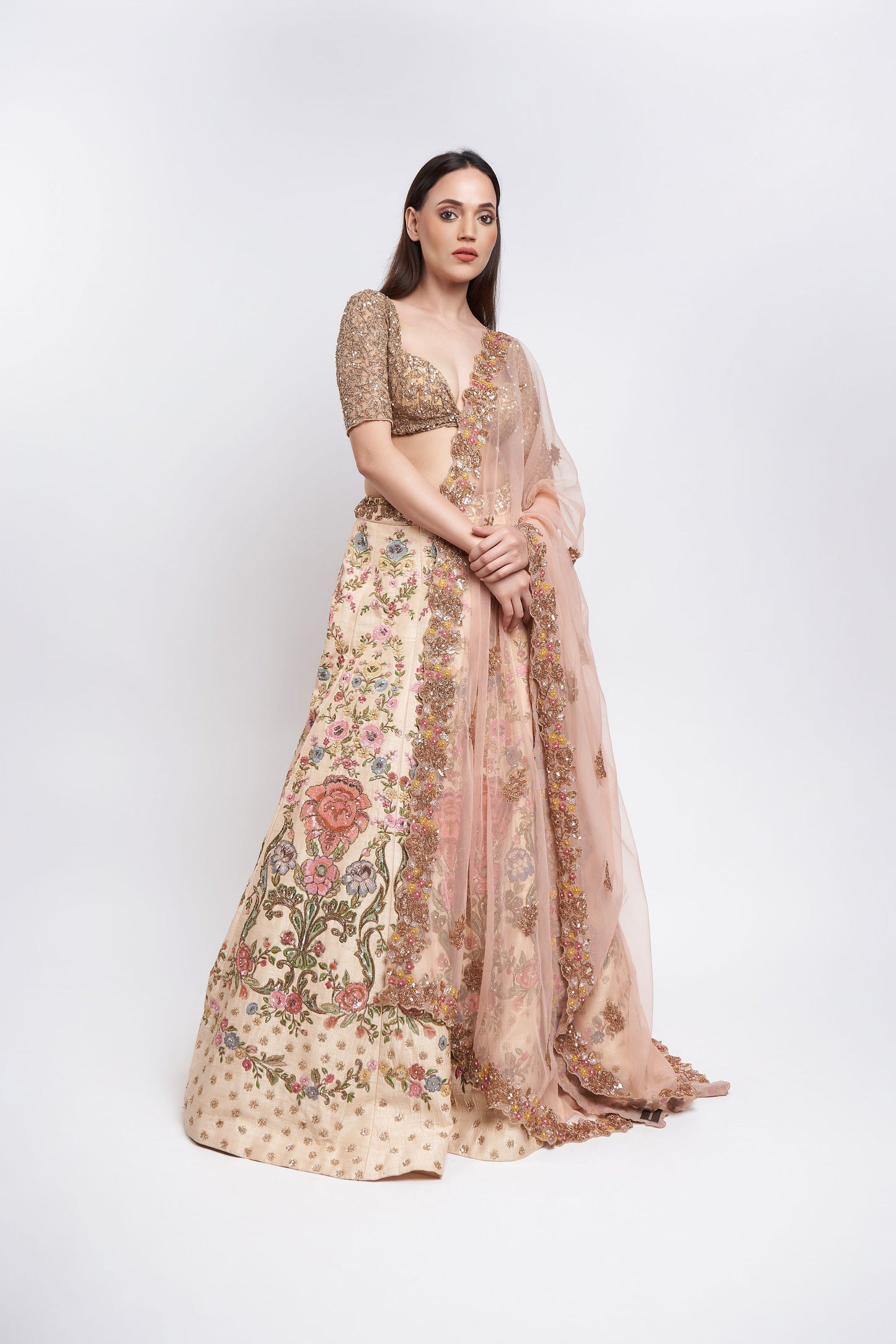 MUTED BEIGE PANELLED RAW SILK LEHENGA