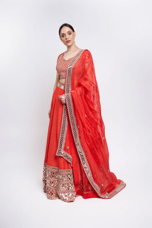 RED MIRROR EMBELLISHED LEHENGA SET