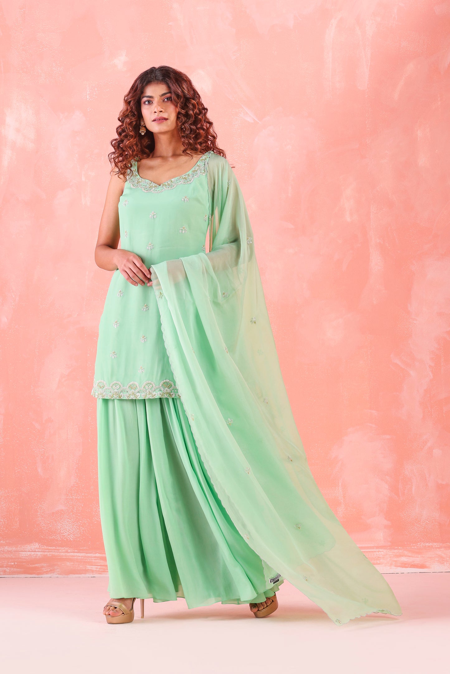 MINT GREEN EMBROIDERED SHARARA SUIT