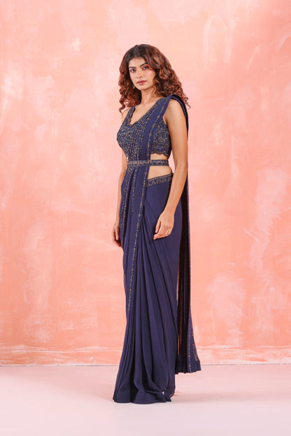 NAVY BLUE EMBROIDERED DRAPE SAREE