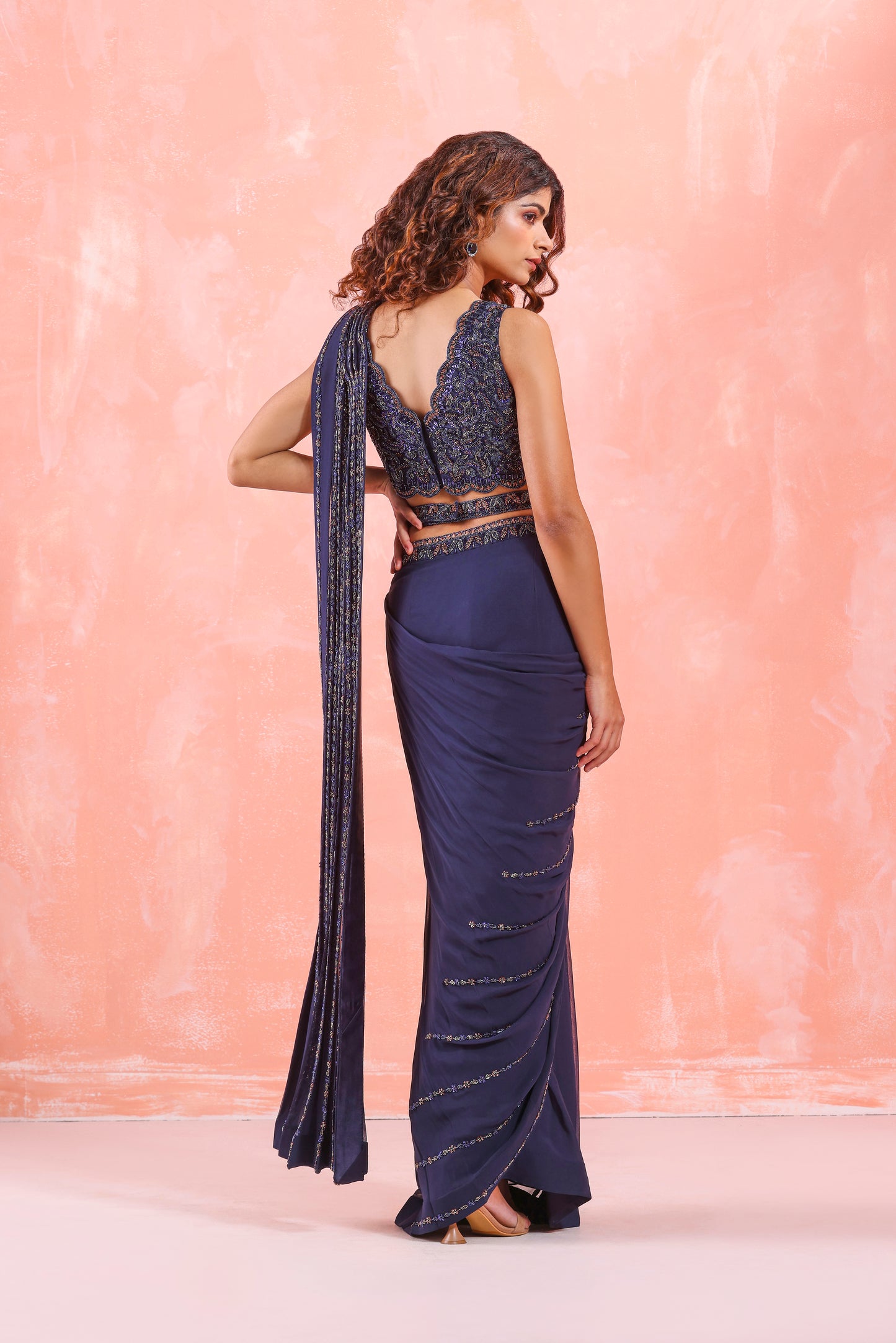 NAVY BLUE EMBROIDERED DRAPE SAREE