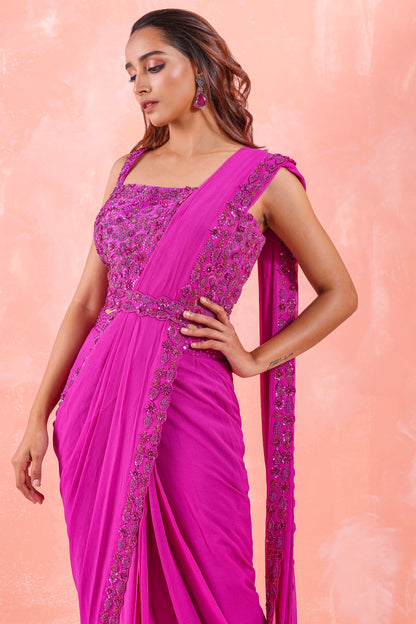 CANDY PINK EMBROIDERED DRAPE SAREE