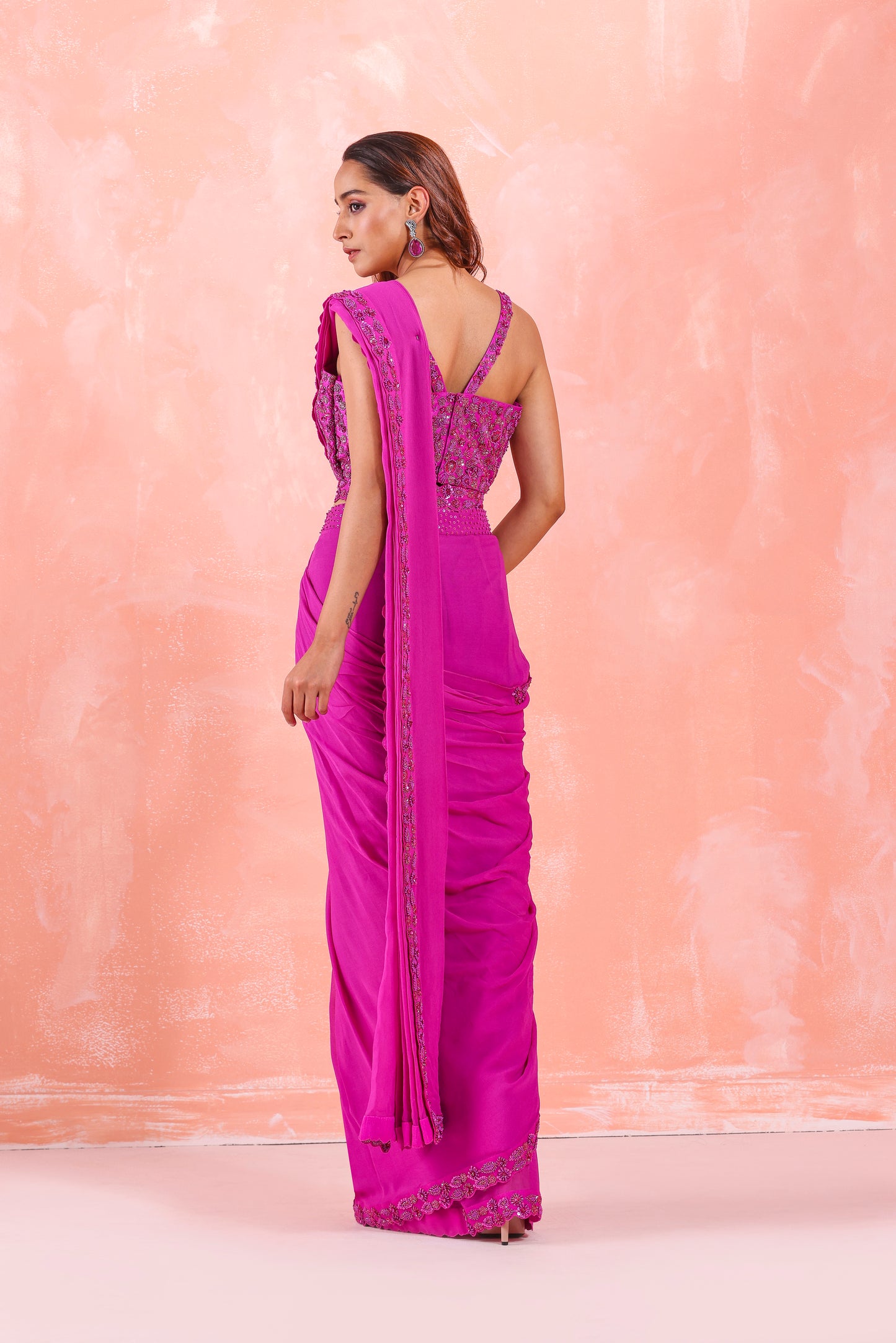 CANDY PINK EMBROIDERED DRAPE SAREE