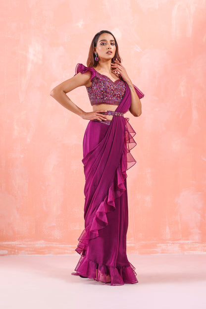 WINE EMBROIDERED DRAPE SAREE