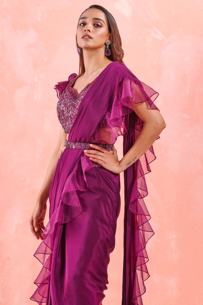 WINE EMBROIDERED DRAPE SAREE