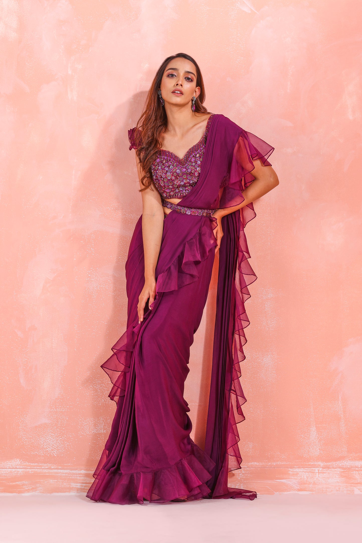 WINE EMBROIDERED DRAPE SAREE