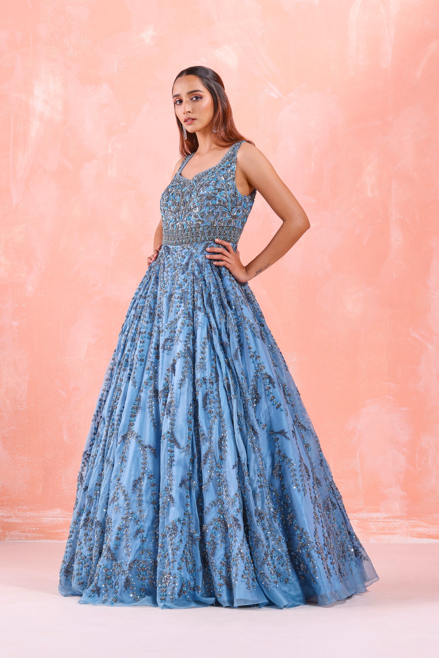 STEEL BLUE EMBROIDERED GOWN