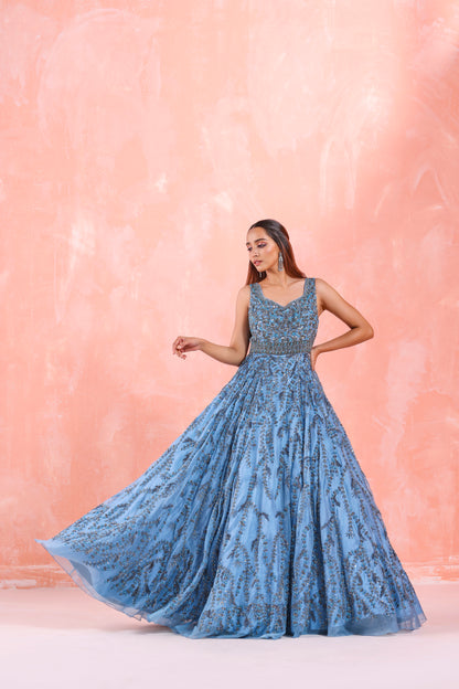 STEEL BLUE EMBROIDERED GOWN