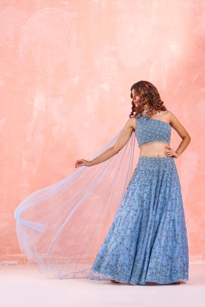 PASTEL BLUE EMBROIDERED LEHENGA SET