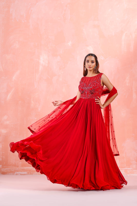 DEEP RED EMBROIDERED GOWN WITH DUPATTA