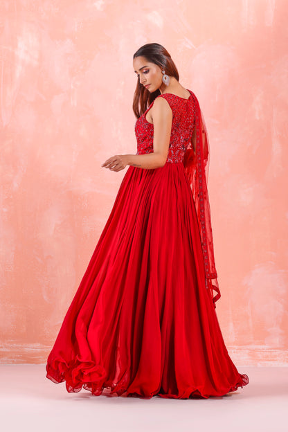 DEEP RED EMBROIDERED GOWN WITH DUPATTA