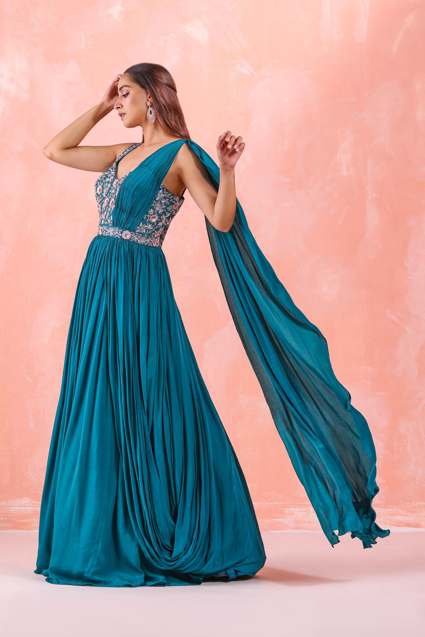 TEAL GREEN EMBROIDERED GOWN