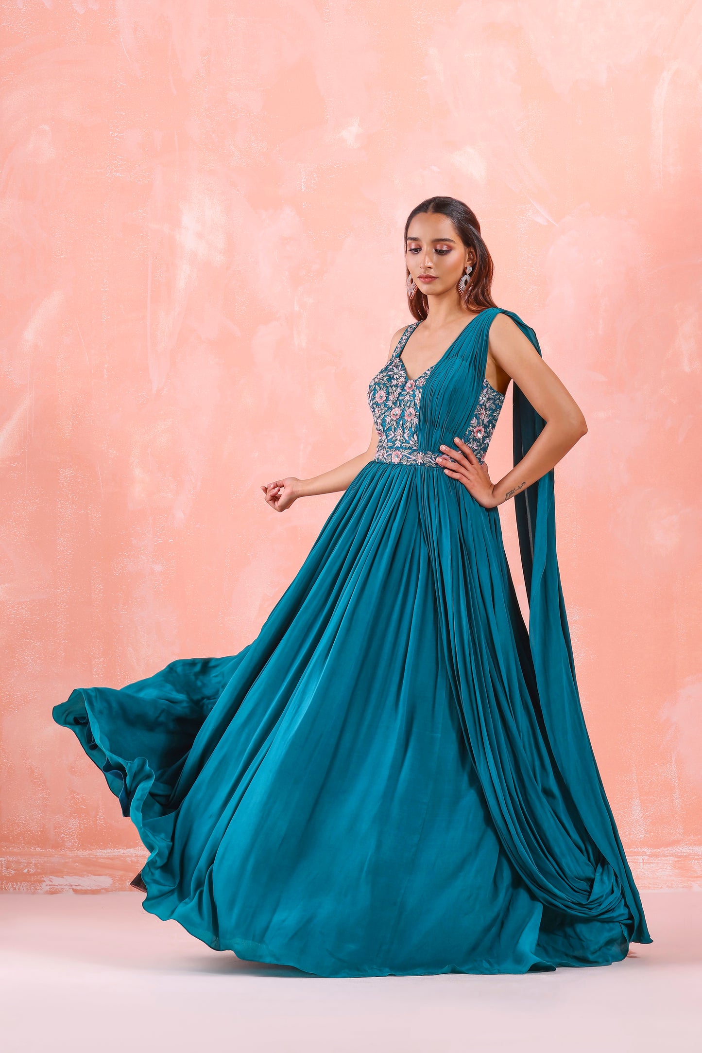 TEAL GREEN EMBROIDERED GOWN