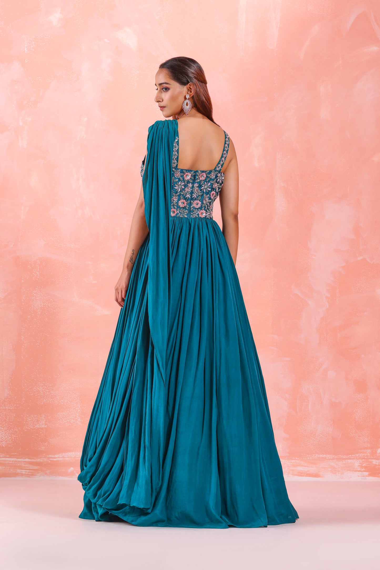 TEAL GREEN EMBROIDERED GOWN