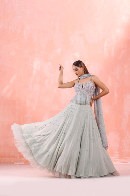 DUSTY SAGE GREEN EMBROIDERED LEHENGA