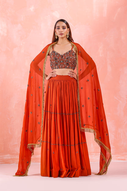 RUST EMBROIDERED LEHENGA