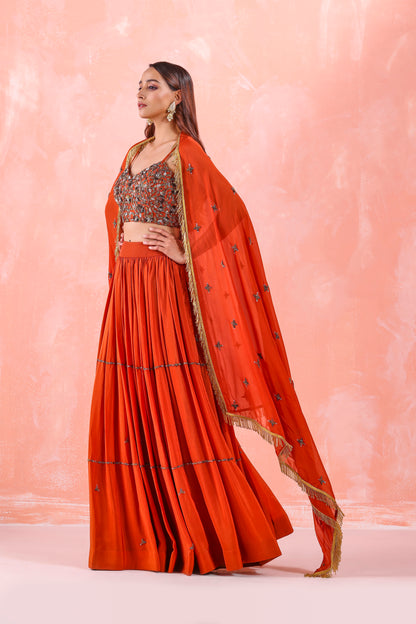 RUST EMBROIDERED LEHENGA