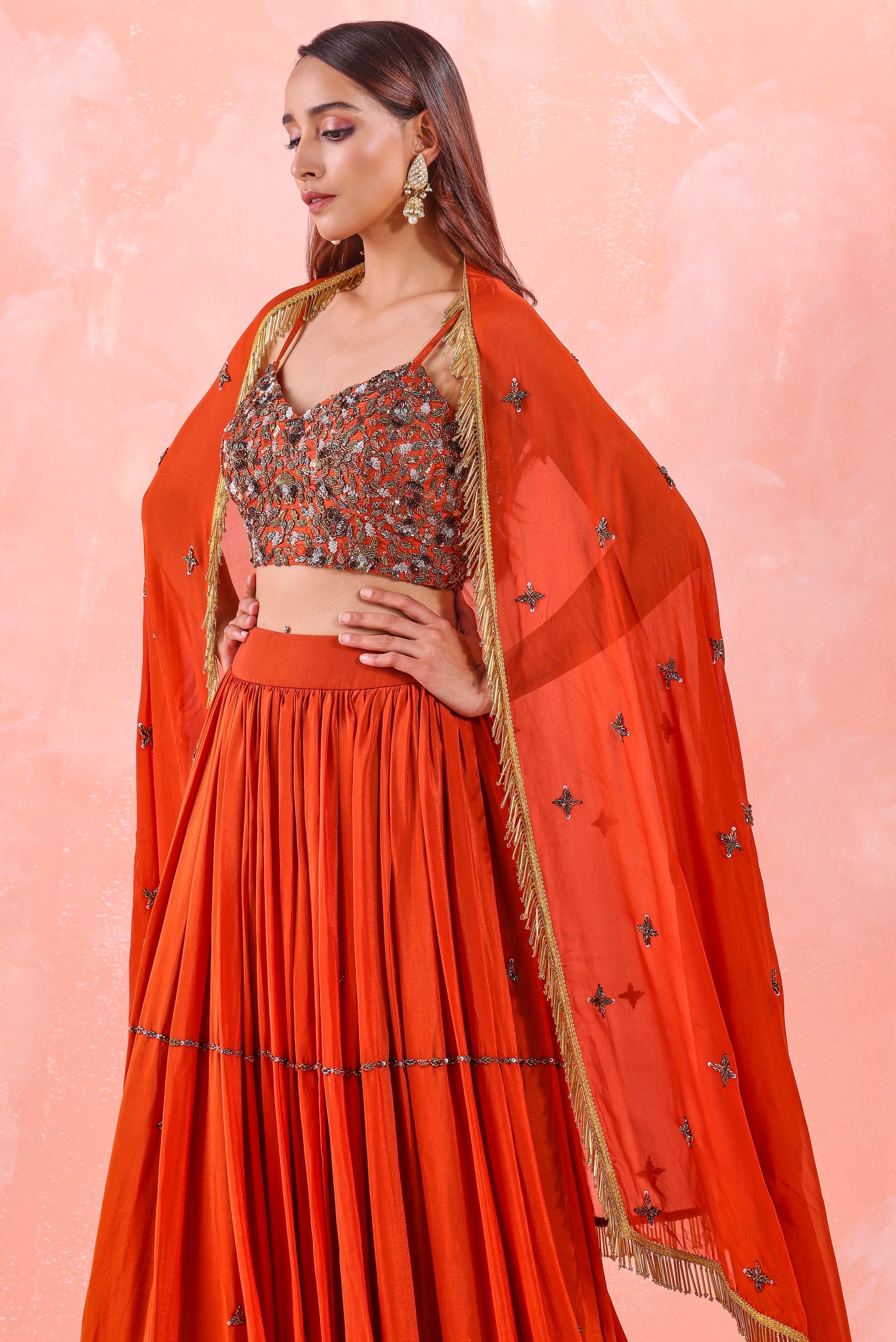 RUST EMBROIDERED LEHENGA