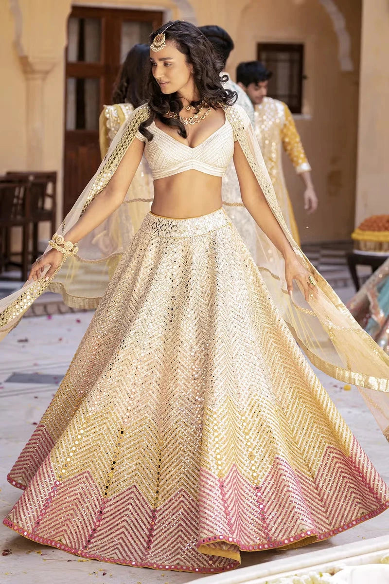 MULTI-COLOR PRINTED CHEVRON LEHENGA SET White Maison de Couture 