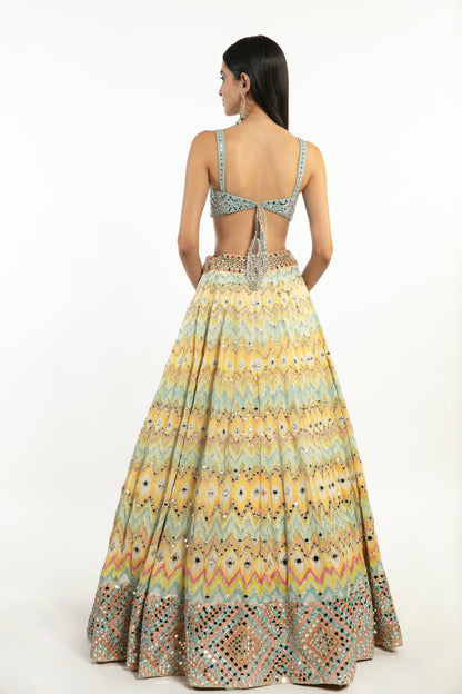 MULTI-COLOR PRINTED CHEVRON LEHENGA SET White Maison de Couture 