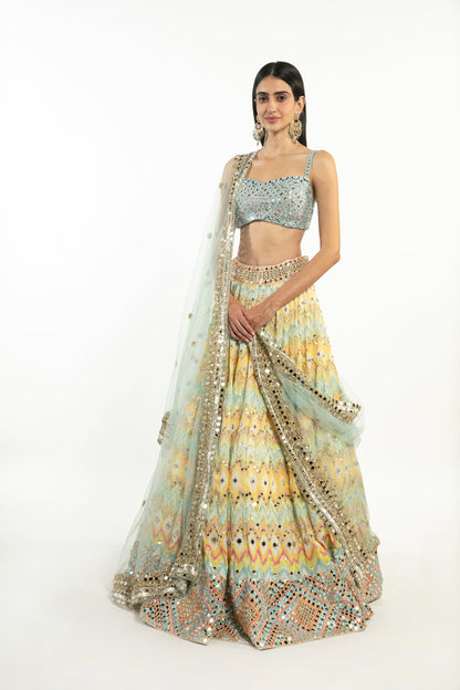 MULTI-COLOR PRINTED CHEVRON LEHENGA SET White Maison de Couture 