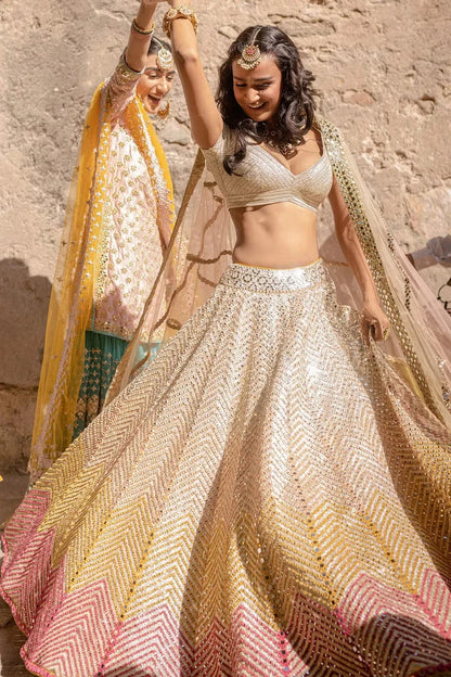 MULTI-COLOR PRINTED CHEVRON LEHENGA SET White Maison de Couture 