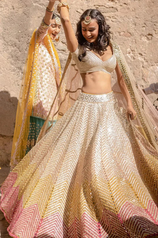 MULTI-COLOR PRINTED CHEVRON LEHENGA SET White Maison de Couture 