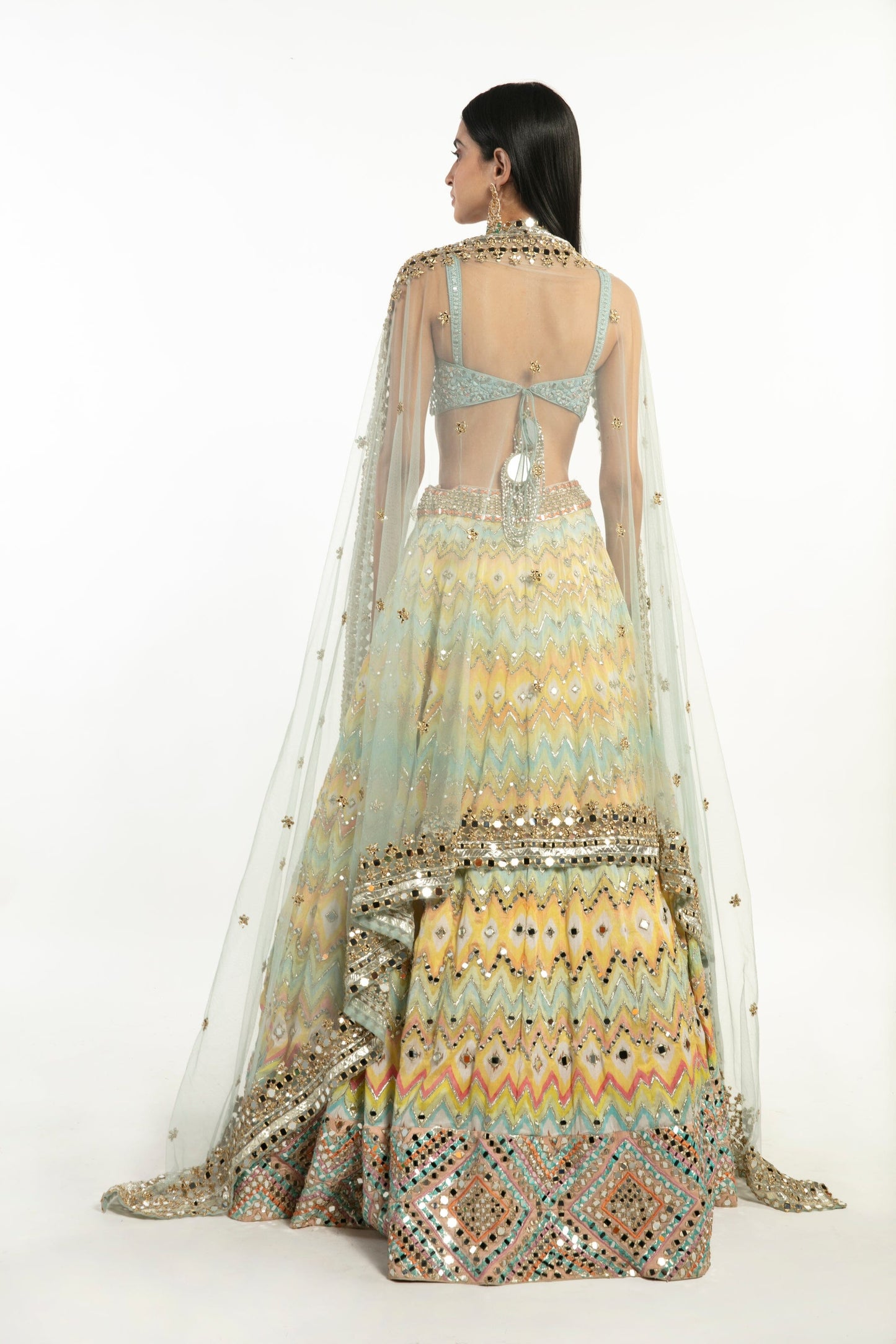 MULTI-COLOR PRINTED CHEVRON LEHENGA SET White Maison de Couture 