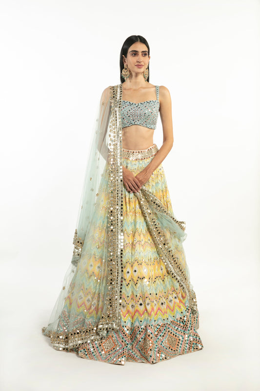 MULTI-COLOR PRINTED CHEVRON LEHENGA SET White Maison de Couture 