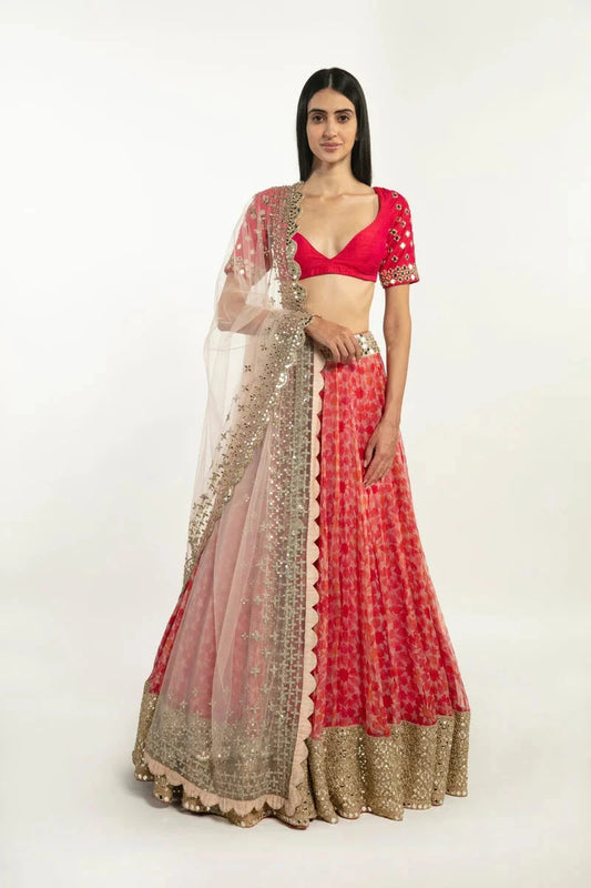 PINK PRINTED LEHENGA SET White Maison de Couture 