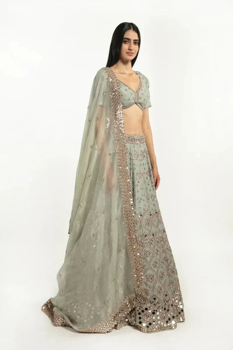 SAGE GREEN EMBELLISHED LEHENGA SET White Maison de Couture 