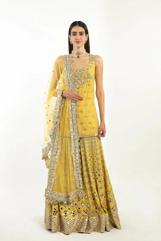 YELLOW MIRROR AND GOTA EMBELLISHED SHARARA SET White Maison de Couture 