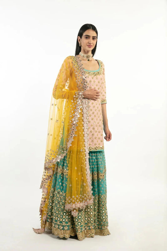 YELLOW, PEACH AND TURQUISE EMBELLISHED SHARARA SET White Maison de Couture 